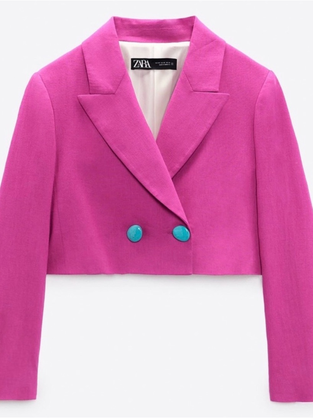Zara Hot Pink Cropped Double-Breasted Blazer with Turquoise Buttons